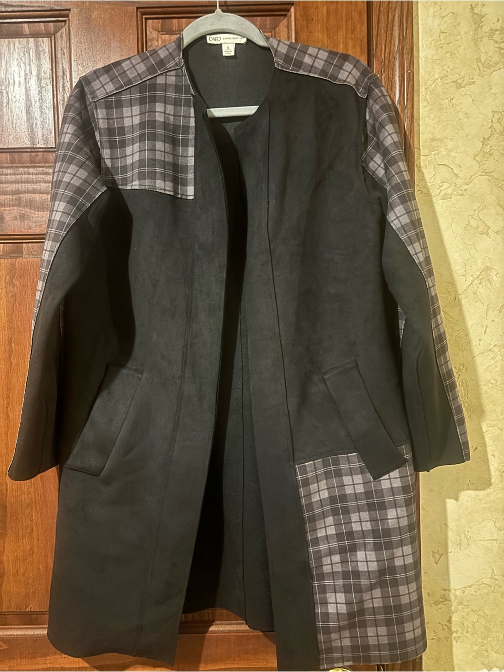 Women’s Black Suede Coat with Gray Plaid Accents with matching pants